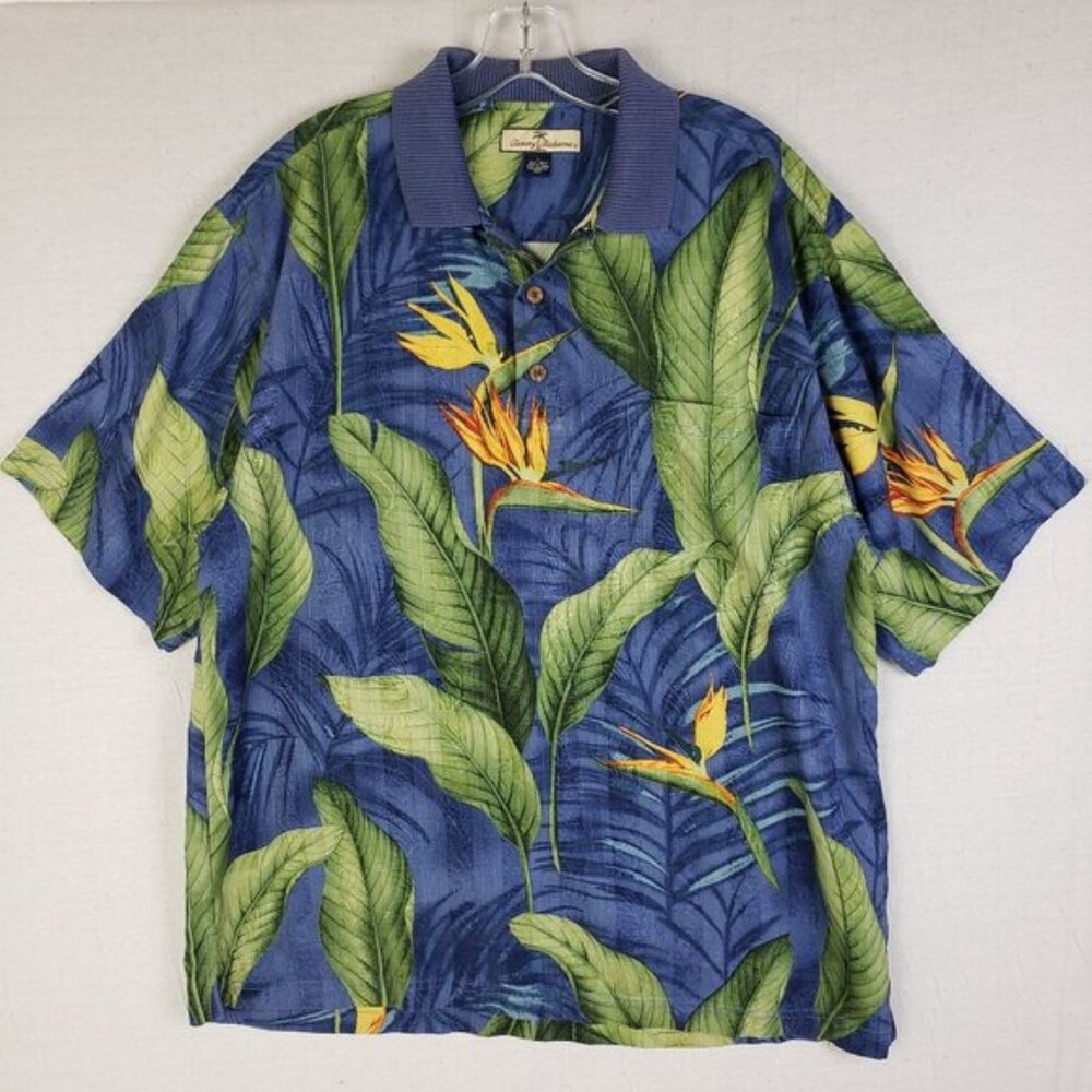 Tommy Bahama 100% Silk Tropical Print Shirt Polo size Large Blue Casual Hawaiian